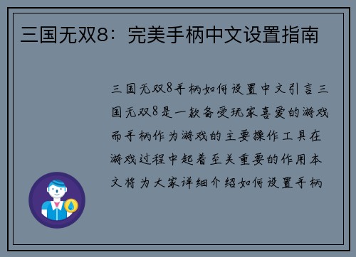 三国无双8：完美手柄中文设置指南